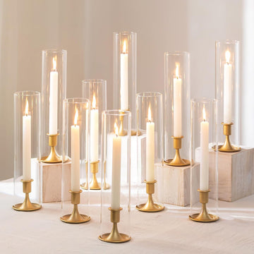Hurricane Candlestick Holders Gold - 10 Pcs Taper Candle Holders Bulk Tall Clear Glass Cylinder for Wedding Table