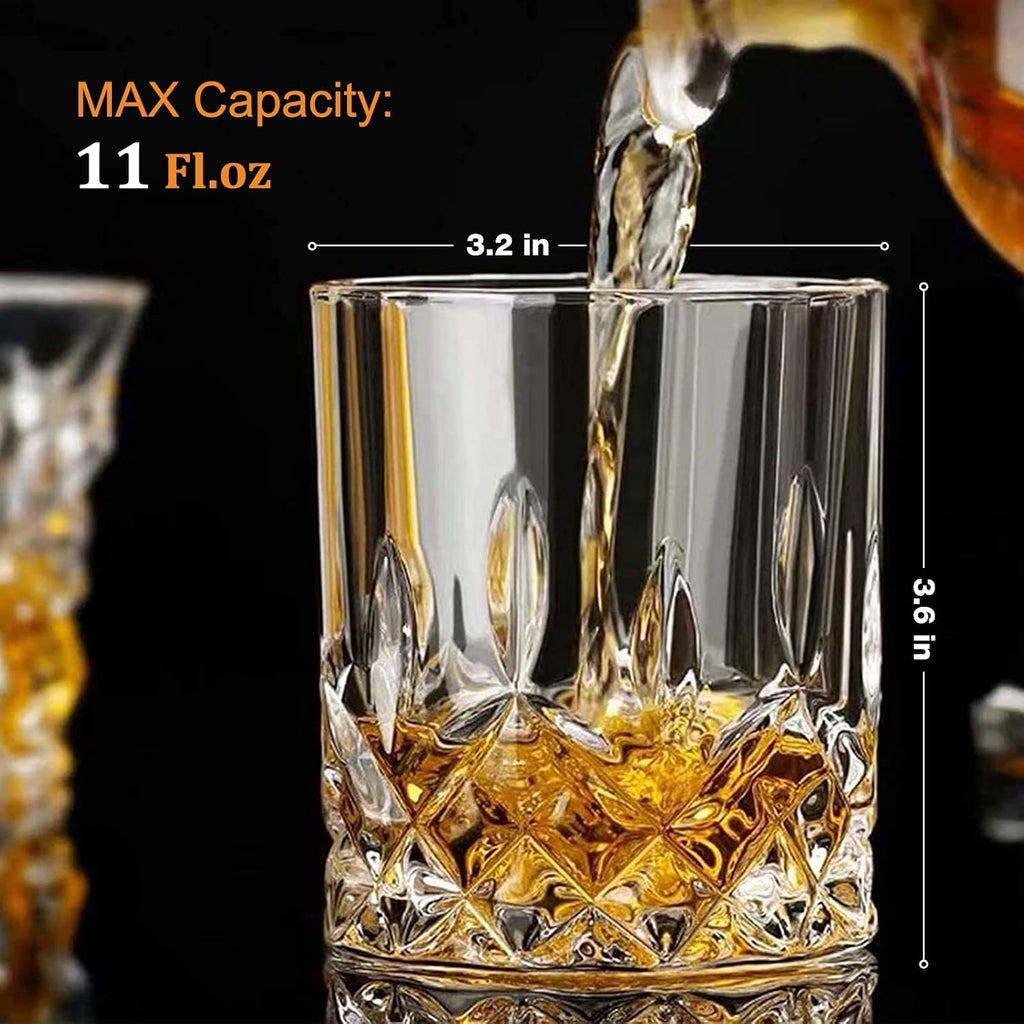 Old Fashioned Whiskey Glasses, Set of 4 (2 Crystal Bourbon Glasses, 2 Round Big Ice Ball Molds) In Gift Box - 11 Oz
