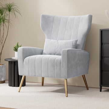 Velvet Accent Chair Wingback , High Back Arm Chair with Golden Legs Lumbar Pillow, Upholstered Single Sofa Bedroom
