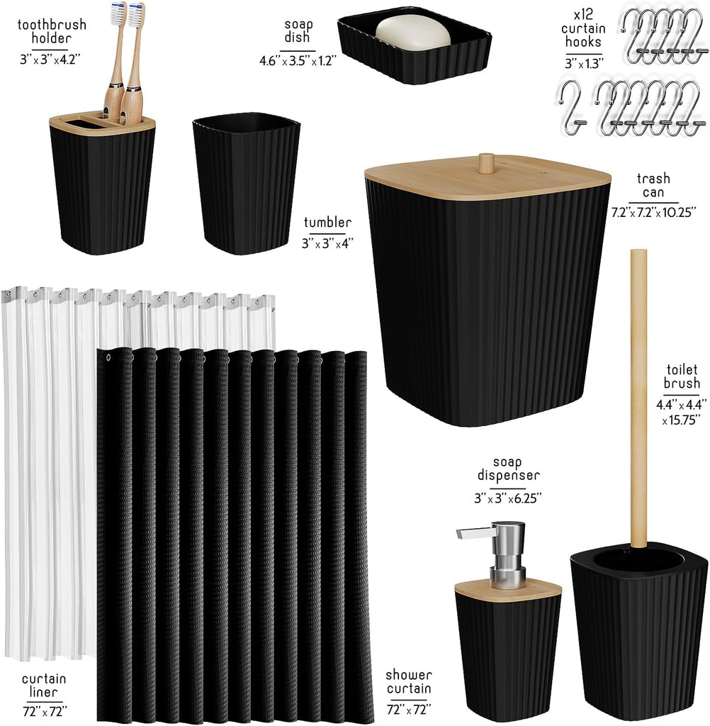 Black Bathroom Set, Shower Curtain Set, Bathroom Accessory Set | 20 Piece Bathroom Accessories Set with Toothbrush