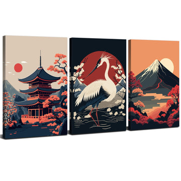 Large Japanese Wall Art Prints Red and Black Sunset Fuji Mountain Canvas Pictures White Crane Posters Retro Asian