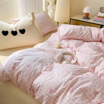 Comforter Set, Pink and White Grid Heart Plaid Buffalo Check Gingham Pattern Printed Comforter, Soft Microfiber