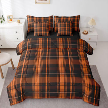 7 Piece Farmhouse Plaid Comforter Set Black Burnt Orange Classic Gingham Bedding Sets for Adults Men Women