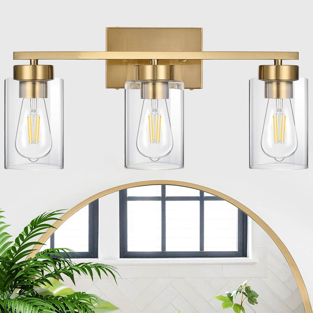 3-Light Bathroom Vanity Light, Modern Brushed Gold Wall Lights with Clear Glass Shades, Bathroom Wall Sconce Lamp for