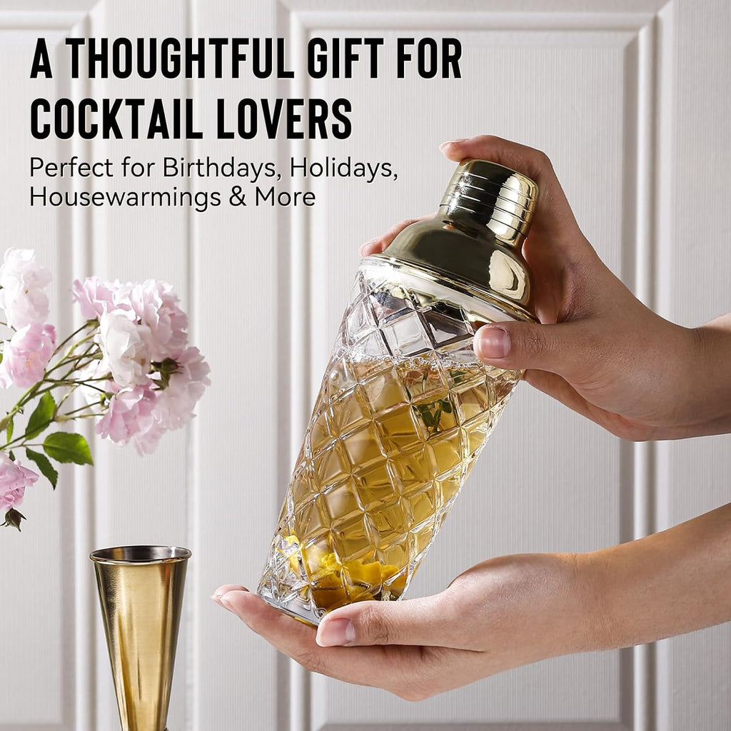 Cocktail Shaker Set with Coupe Glasses - 5-Piece Gift Set Includes Pineapple Glass Shaker with Gold Lid, Jigger, Bar - Set of 5