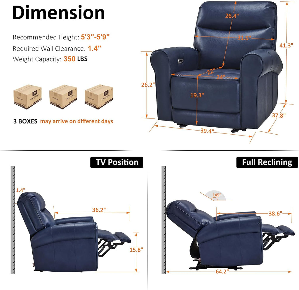 Power Wall Hugger Recliner Chair RV Living Room, USB & USB-C Charging Ports, Modern Rolled Arm Recliner, Faux Leather