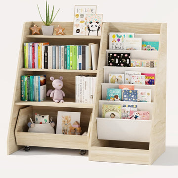 Kids Bookshelf and Toy Storage, 4 Tier Toddler Bookshelf with Movable Drawer (Oak)