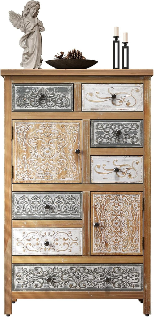 Vintage Tall Wooden Accent Cabinet with 6 Drawers & 2 Doors, Rustic Multicolor Carved Storage Chest, Farmhouse
