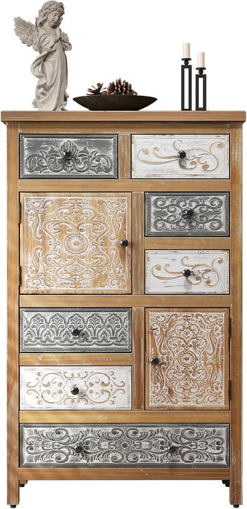 Vintage Tall Wooden Accent Cabinet with 6 Drawers & 2 Doors, Rustic Multicolor Carved Storage Chest, Farmhouse