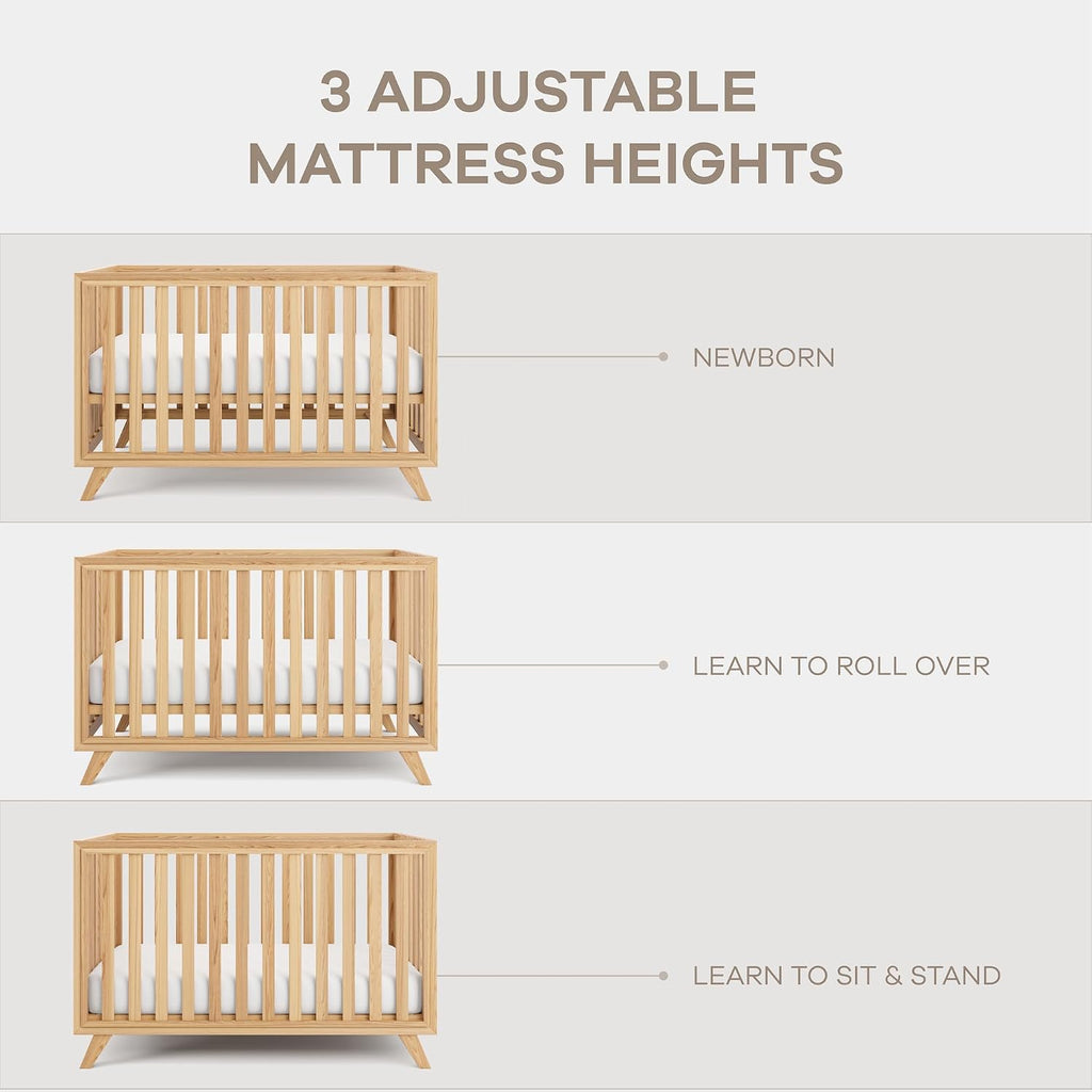 Crib for 0 to 3 Years - Adjustable Mattress Height, Natural Wooden Crib for Baby, Elegant Nursery Furniture, Designed