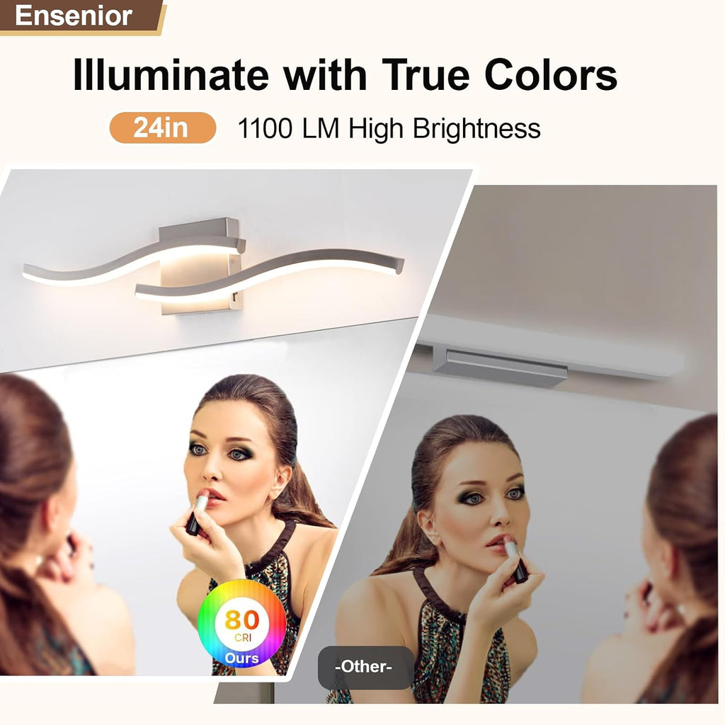 23.62 inch Brushed Nickel LED Vanity Light, 5CCT Dimmable Bathroom Light Fixture Over Mirror, Modern Curved Wall Lamp