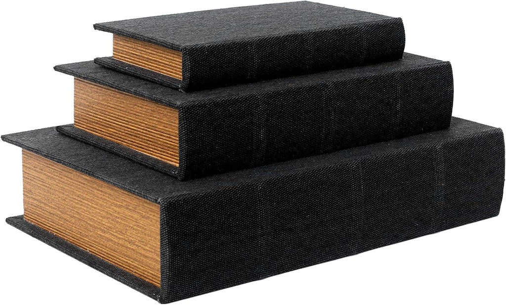 Decorative Book Boxes Set of 3 - Modern Faux Linen & Wood Hidden Storage for Coffee Table - Stackable Fake Books for