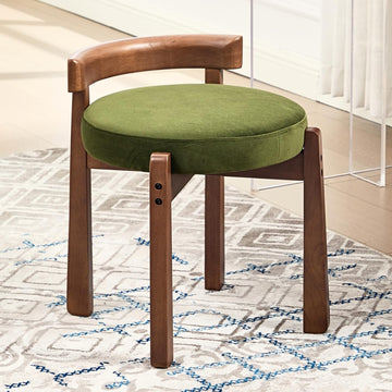 Wood Vanity Chair with Back, Velvet Upholstered Small Ottoman Footstool, Mid-Century Modern Makeup Chair with Solid