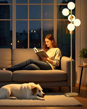 Dimmable Globe Floor Lamp Mid Century Modern Floor Lamp with 5Pcs 3000K Bulbs Included Brightness Ad