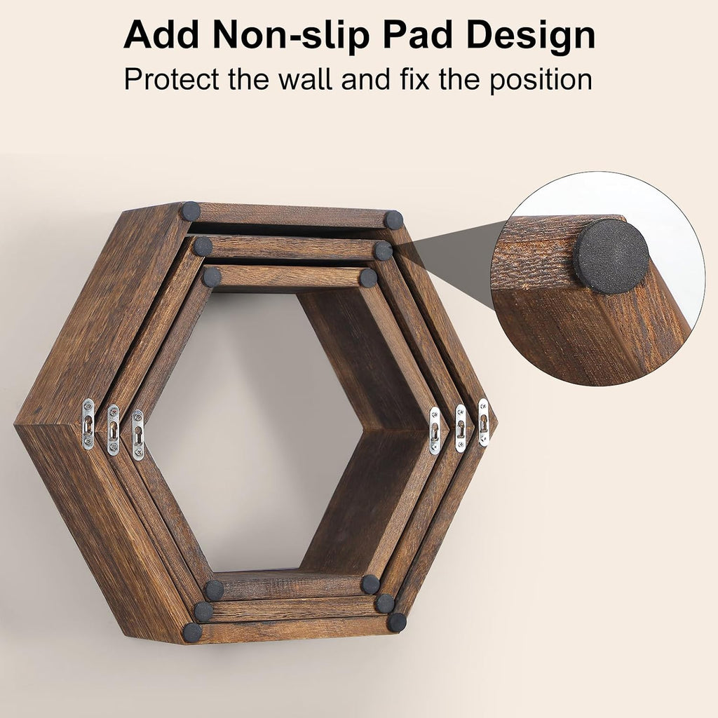 Hexagon Floating Shelves, Set of 3 Wall Mounted Honeycomb Display Shelf, Wood Hexagonal Hanging Storage Bedroom