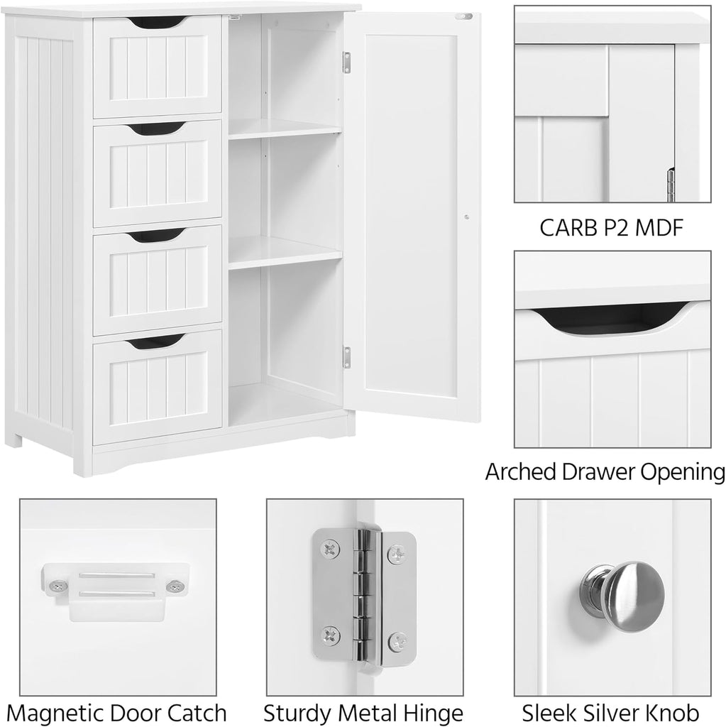 Bathroom Storage Cabinet with 4 Beadboard Drawers and Door, White | Floor Cabinet Hides Towels and Toiletries in