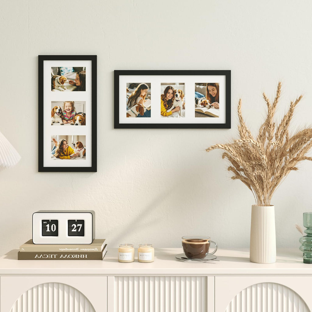 8x16 Panoramic Collage Picture Frame, Black Solid Wood Frame with HD Plexiglass for Multiple Three 4x6 Photos with