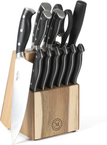 Greeley Forged High Carbon Stainless Steel 14 Piece Knife Block Set, Black Kitchen Knife Set with Acacia Wood Block