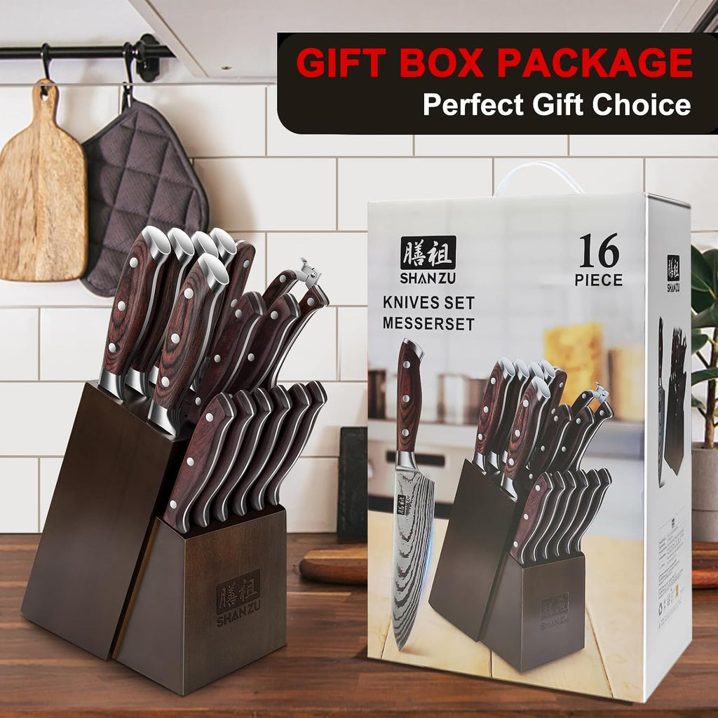 Knife Set 16 pcs, Japanese Kitchen Knife with Block High Carbon Stainless Steel Ultra Sharp Knife , Professional Chef