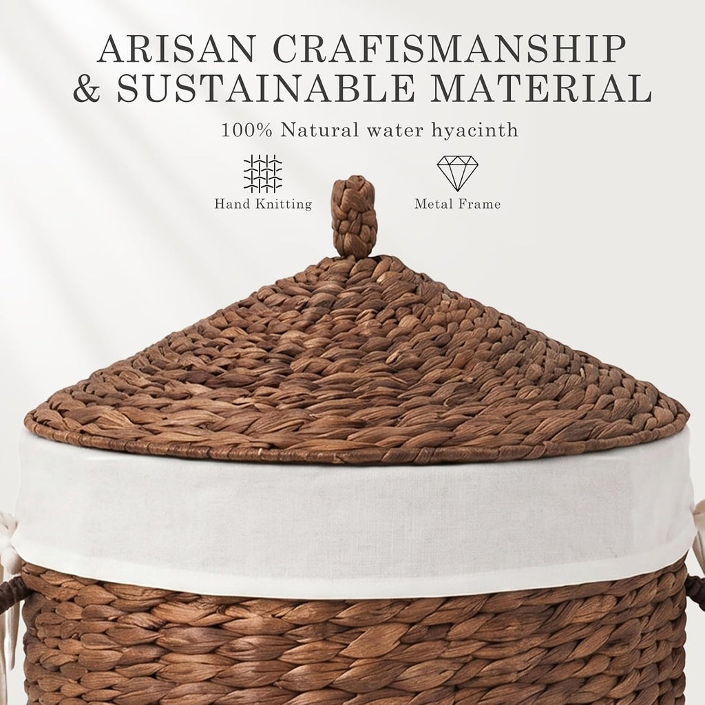 Round laundry hamper with lid, Handwoven Wicker Laundry Basket with Handles and Removable Liner for Dirty Clothes