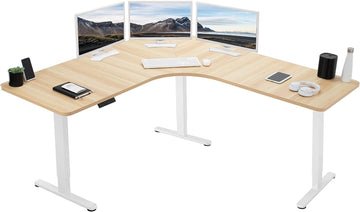 Light Wood 71 x 71 in Corner Standing Desk, DESK-KIT-E3CWC | Electric, Triple Motor, Holds 264 lbs, Sit Stand