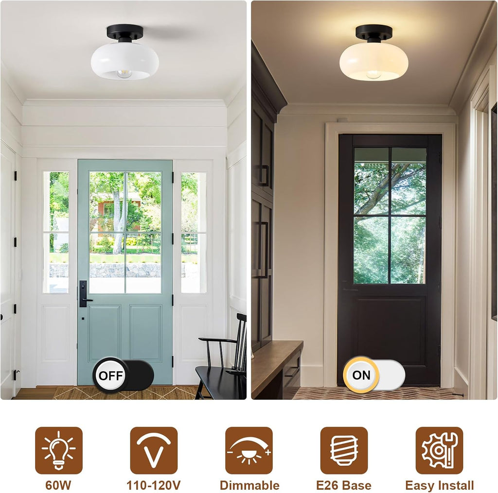 Mid-Century Modern Black Semi Flush Ceiling Light 8.66 Inch | Mini White Glass Shade Close to Ceiling Lighting