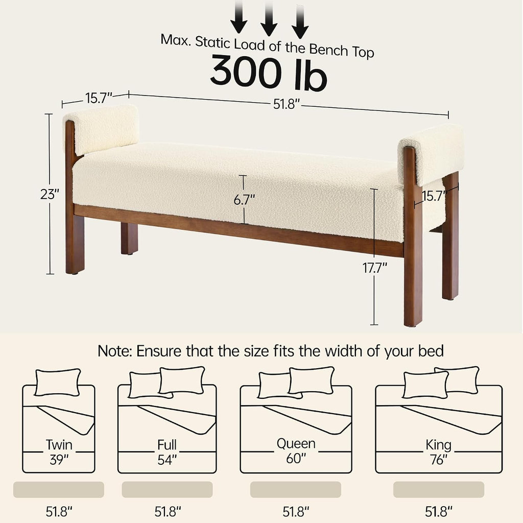 51.8"End of Bed Bench Upholstered Bedroom Bench with Arms, Beige | Solid Rubberwood Legs, Soft Fabric, Thickened seat
