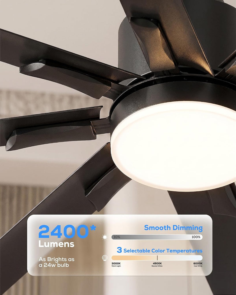 72 Inch Smart Ceiling Fan with Light, Industrial 8-Blade Black Aluminum Metal Outdoor Ceiling Fan