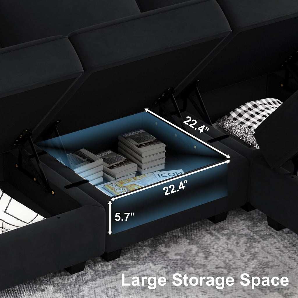 Modern L Shaped Velvet Sectional Sofa with Chaise, Black, Storage, Adjustable Arm/Backrest