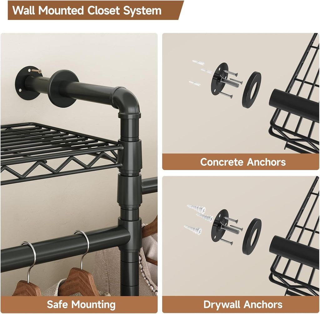 Wall Mounted Garment Rack, Industrial Pipe Metal Clothing Rack with 6 Hanging Rods (4 Expandable) & 8 Shelves, Closet