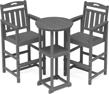 3-Pc Bistro Set High Top Table 2 Adirondack Chairs HDPE Round Grey | Round w/shelf. HDPE wd-grain, adj