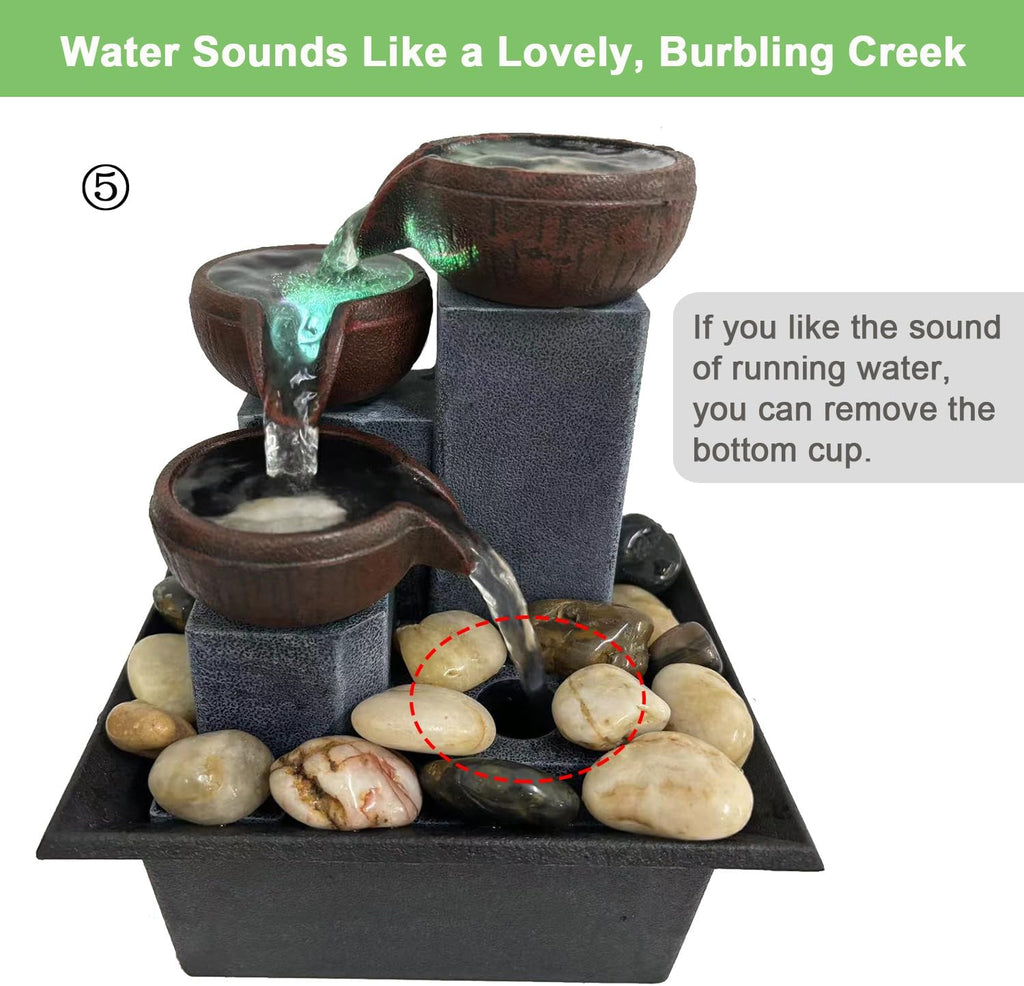 Small Indoor Relaxation Tabletop Fountain, Zen Meditation Waterfall Feature with Color LED Light & Natural Rocks, 4