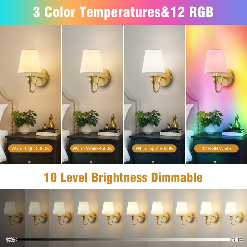 Battery Operated Wall Sconces set of Two,Wireless Wall Sconces with 10000mAh Dimmable Bulb and Remote,LED 15 Colors