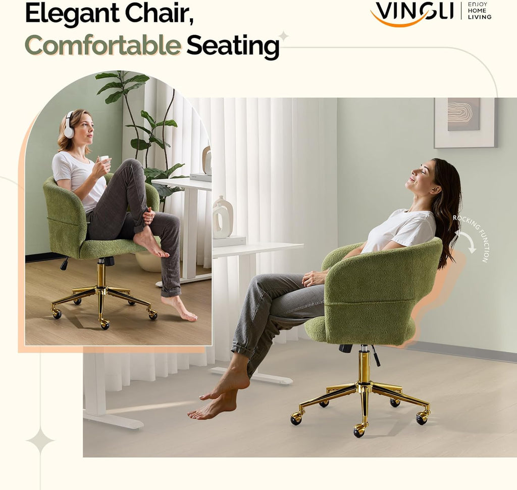 Modern Curved Office & Vanity Desk Chair, Cute Upholstered Nail Chair with Wheels & 360° Swivel & Club & Tilting & Gold Base, for Bedroom, Living Room, Makeup, Velvet Chenille, Green
