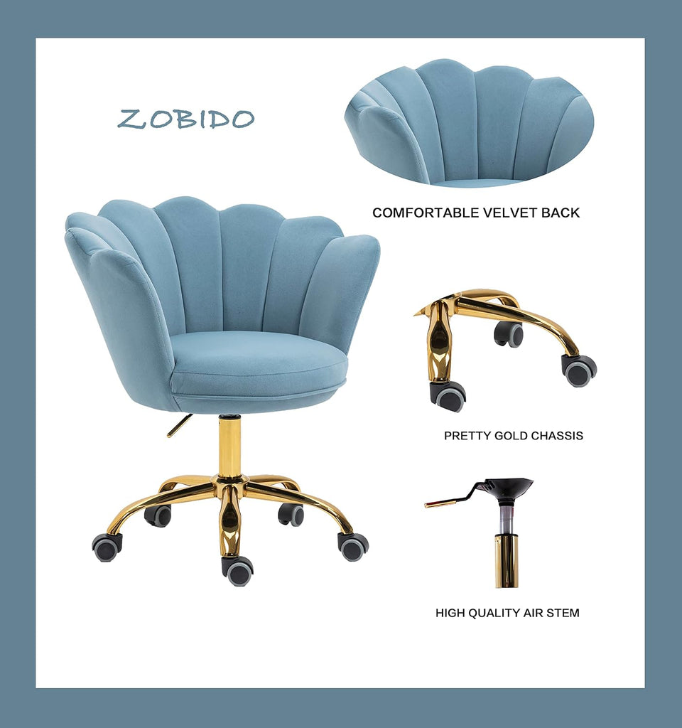 Comfy Home Office Task Chair with Wheels, Cute Modern Upholstered Velvet Seashell Back Adjustable Swivel Vanity Desk