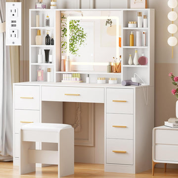 39.4" White Vanity Desk with Lighted Mirror & Adjustable Lights | Girls Makeup Vanity Set with Charging