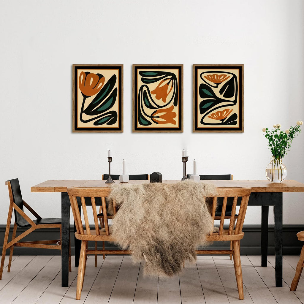 Mid Century Floral Wall Art Set of 3, Modern Abstract Botanical Wall Decor Picture, Vintage Boho Eclectic Plant