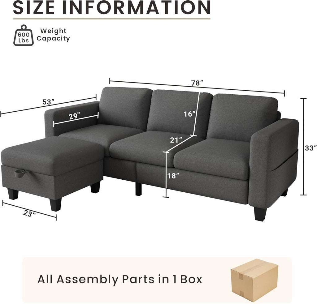 Sectional Couches for Living Room - Convertible L-Shaped Couch, Grey 3 Seater Modern Linen Sofa
