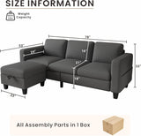 Sectional Couches for Living Room - Convertible L-Shaped Couch, Grey 3 Seater Modern Linen Sofa