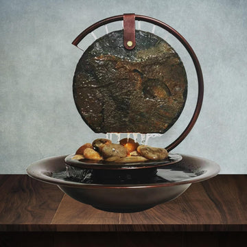 Indoor Tabletop Waterfall Moon Fountain, Home Décor Soothing Rain Sound Meditation Relaxing Fountains, Nature Slate