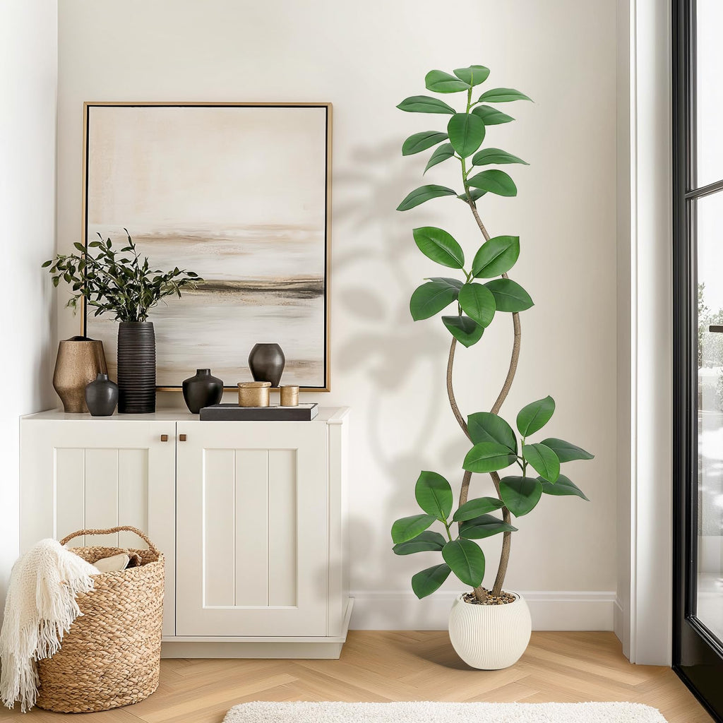 6 ft Artificial Plant Rubber Tree with off wh ite Sphere Resin Planter & Stone Faux Fiddle Leaf Fig Tree Indoor