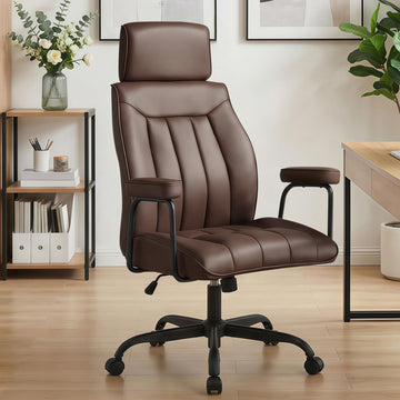 Leather Office Chair with Adjustable Headrest, Mid-Century Modern High-Back Office Desk Chair, Ergonomic Computer