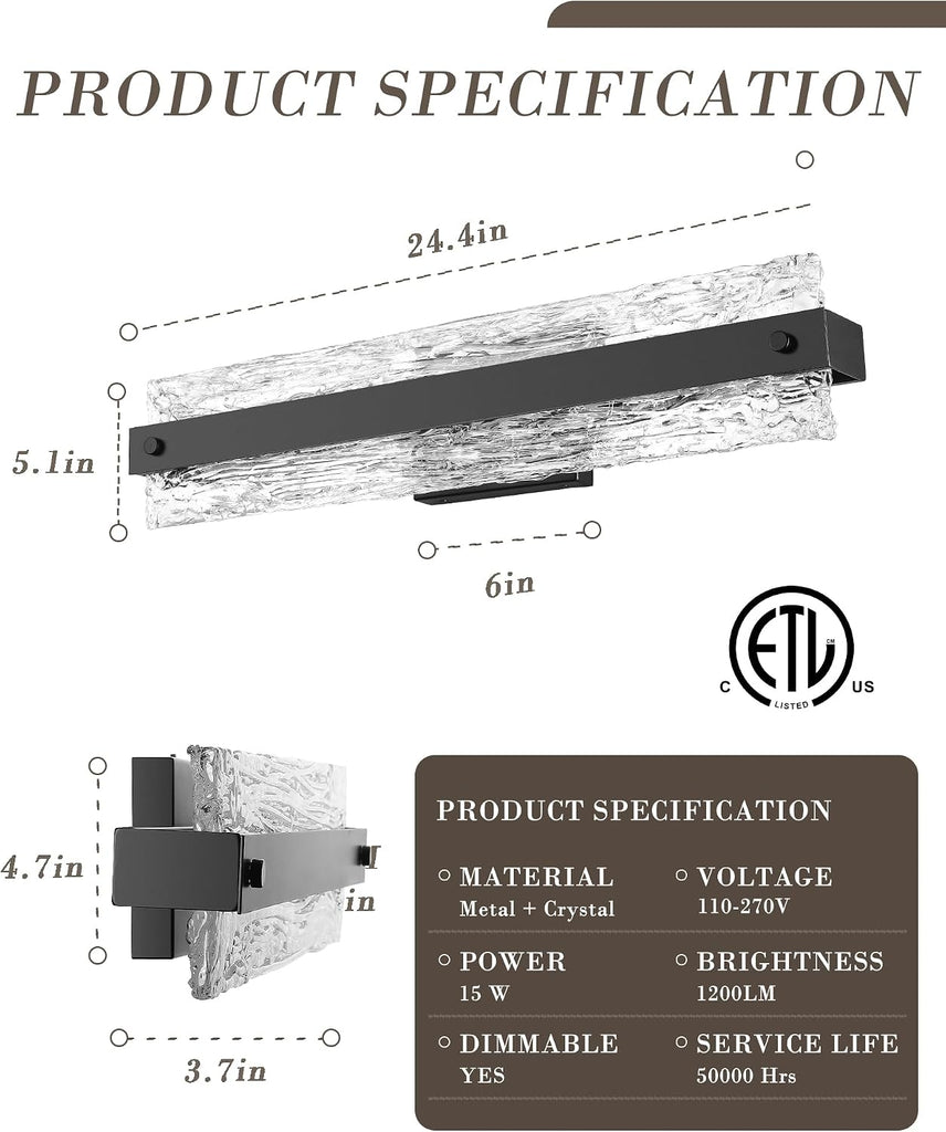 Black LED Bathroom Vanity Light, 24.4 Inch 15W Modern Dimmable Bathroom Light Fixture Over Mirror, Crystal Bar Wall