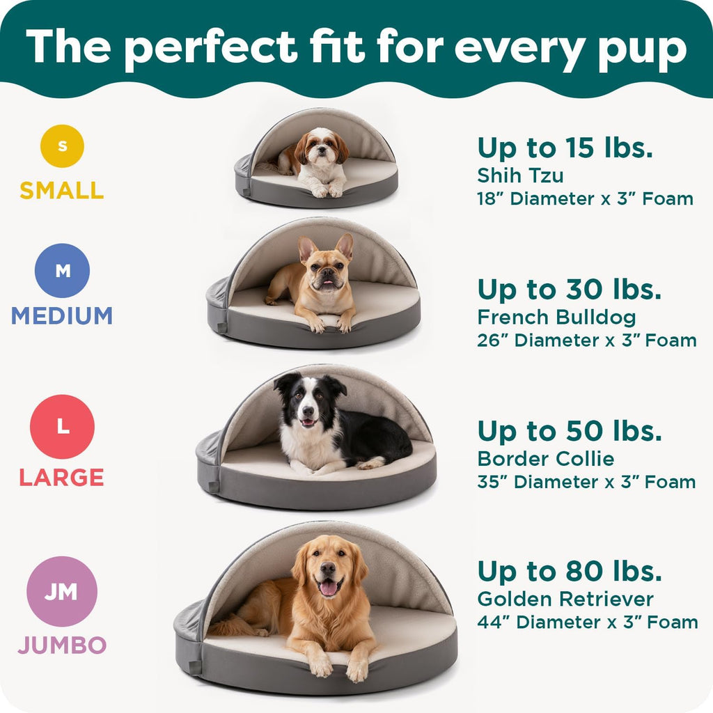 Round Orthopedic Dog Bed for Large Dogs, Egg Crate with a Solid Orthopedic Foam Base with Attached Blanket Hood and Removable Washable Cover, Large, Sherpa & Suede Snuggery, Gray