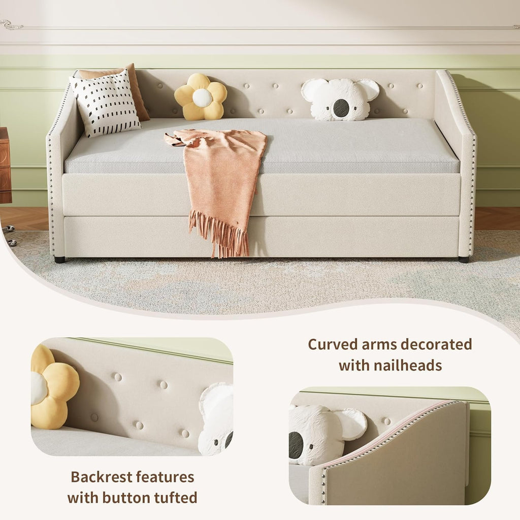 Twin Size Upholstered Daybed with Trundle | Twin Size Trundle,Button-Tufted Back, Piping on Waved-Shape Arms, Solid