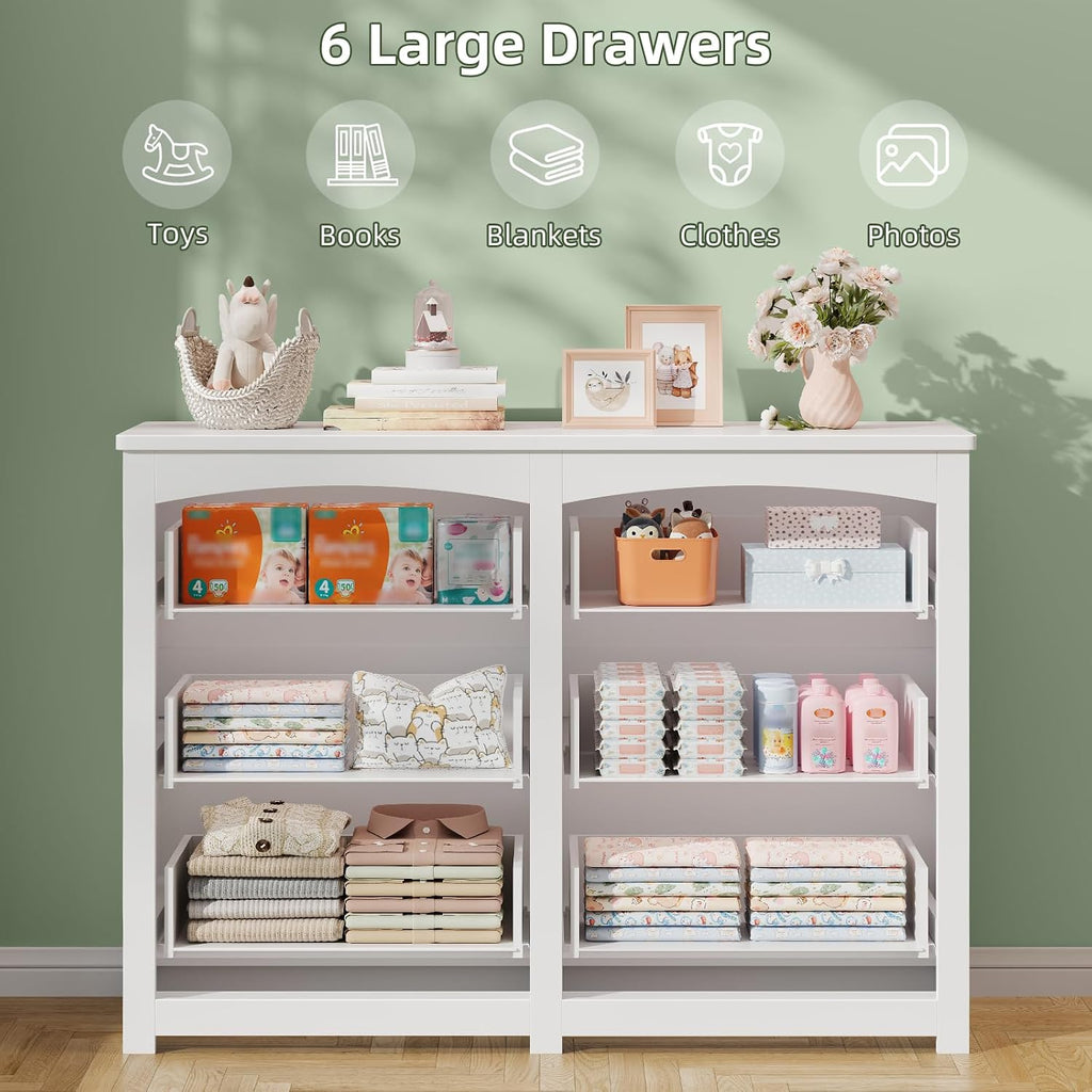 Kids Dresser Cabinet with 6 Drawers and Large Table Top, Multi-Functional Chest of Drawers, Baby Dresser, Kids