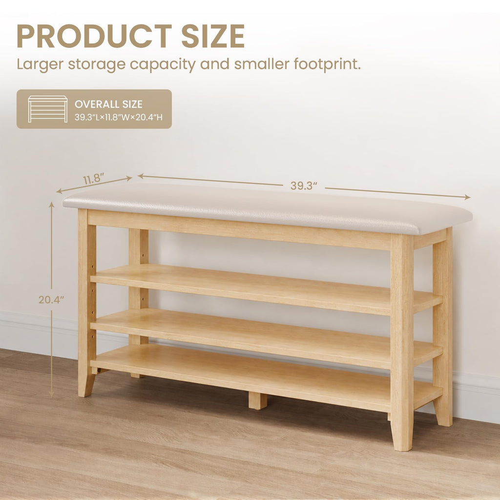 Solid Wood Shoe Rack Bench Entryway with Leather Cushion 39.3"