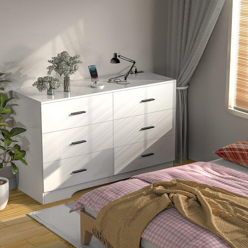 Dresser with Power Outlets Wooden 6 Drawer Dresser with USB and Type C Port Chest of Drawers Tall White Storage