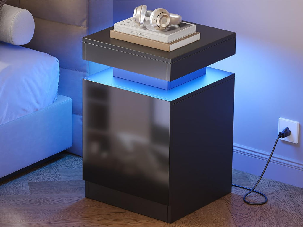 Nightstands Set 2, 15 Inches LED Night Stand Set of 2, Modern Bedside Table with LED Lights, High Gloss Surface, End