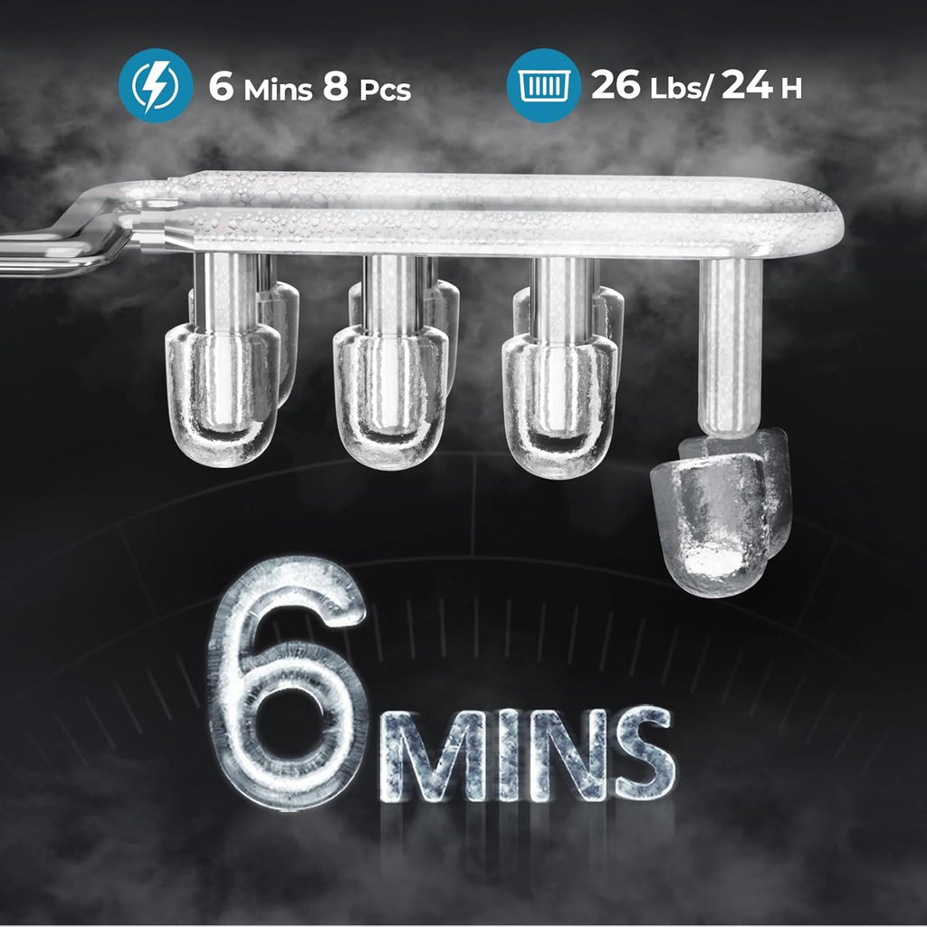 Countertop Ice Maker Machine, 8 Ice Cubes in 6 mins, 26lb/Day Ice with 2 Sizes- Portable Mini, Energy Saving & Basket/Scoop for Home/Party/Travel/Camping/Bar, Dark Black